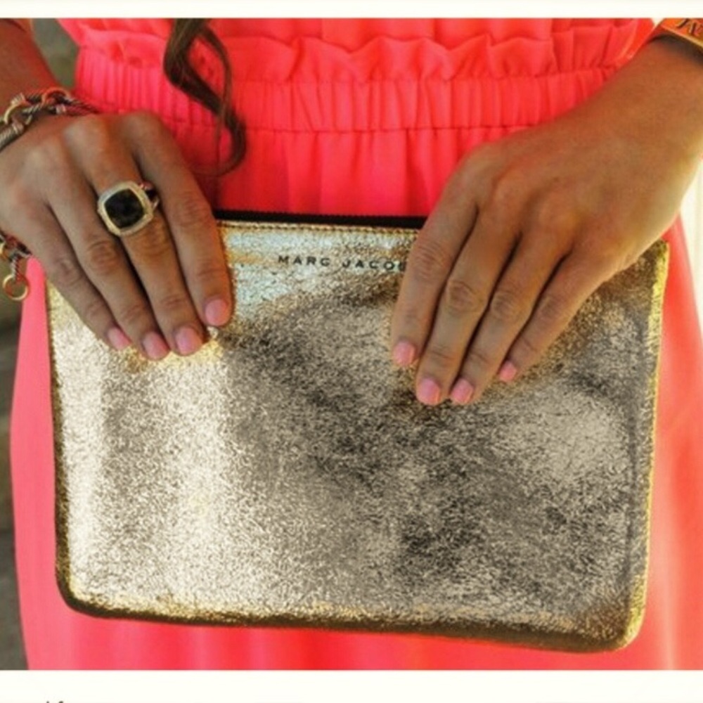 Marc Jacobs Pewter Crackle Leather Zip Clutch